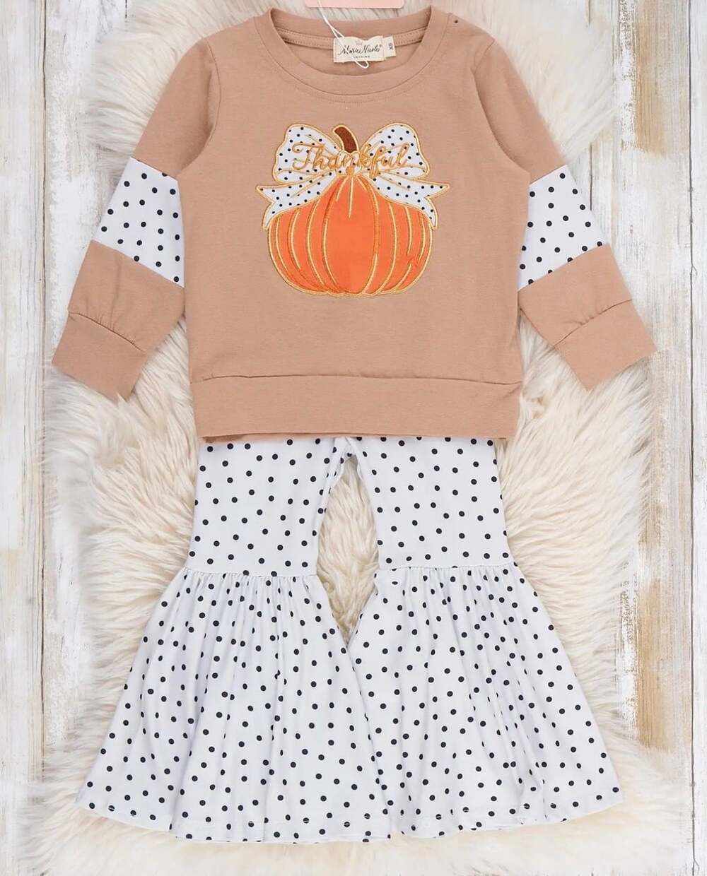 Polka Dot & Pumpkin Outfit Tan Embroidered Sweatshirt Set